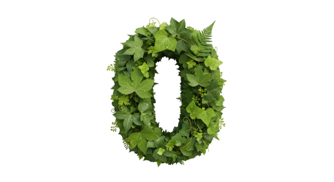 Letter O made of green leaves, isolated on transparent background
