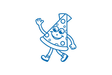 Whimsical blue pizza slice character walks and waves with a happy, smiling expression