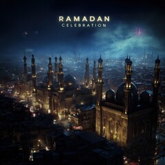 Nighttime cityscape featuring ornate structures atmospheric lighting and dark skies