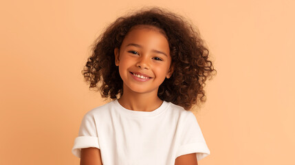 Portrait of a cute smiling little girl with curly hair on beige background