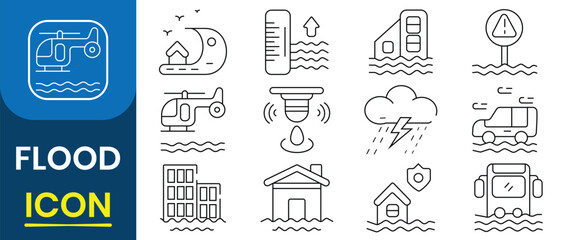 Flood icon set. River water natural disaster damage home vector icon. Tsunami disaster sign for UI, UX designs. Includes alarm, building, damage, disaster, flooded house, and More. Vector illustration