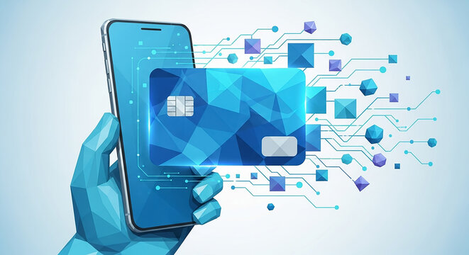 Hand holding phone, digital credit card transaction process