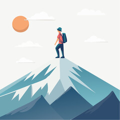 Obraz premium A lone hiker with a backpack stands triumphantly on a snowy mountain summit under the sun.