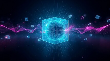 Fototapeta premium Futuristic wallpaper of spatial computing and the immersive internet: AR/VR/XR headsets, holographic UI, 3D maps, digital twins, and mixed-reality light blending real and virtual worlds. In XR. 3D UI