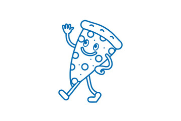 Cheerful pizza slice outline character walks with a friendly wave on a white background