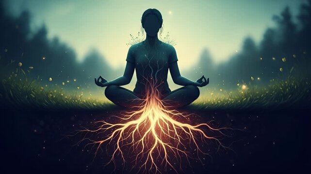 Animated meditative journey as figure connects to earth's energy, spiritual awakening in nature, serene mindfulness and inner peace, wellness and holistic health