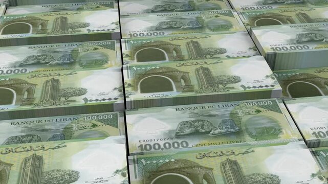 Lebanon 1 lac Lebanese Pound Banknote Horizontal 3D Animation ? Realistic Banknote Motion, Finance, Economy, Business Investment, Money Flow, and Currency Visualization