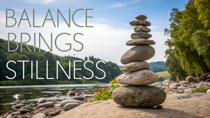 Serene Stone Tower Near Calm River with Inspirational Text Overlay