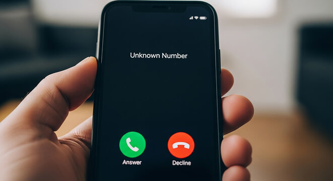Hand holding smartphone receiving unknown number scam call