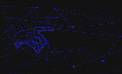 Hand pointing in a futuristic digital network. Blue lines and dots on a dark background. Technology meets classic art concept for modern design and innovation themes.