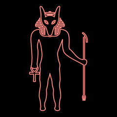 Neon anubis deity with jackal head ancient Egyptian god holds staff and anch cross silhouette mythical red color vector illustration image flat style