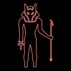 Neon anubis deity with jackal head ancient Egyptian god holds staff and anch cross silhouette mythical red color vector illustration image flat style