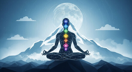 Person meditating on mountain with glowing chakras and full moon