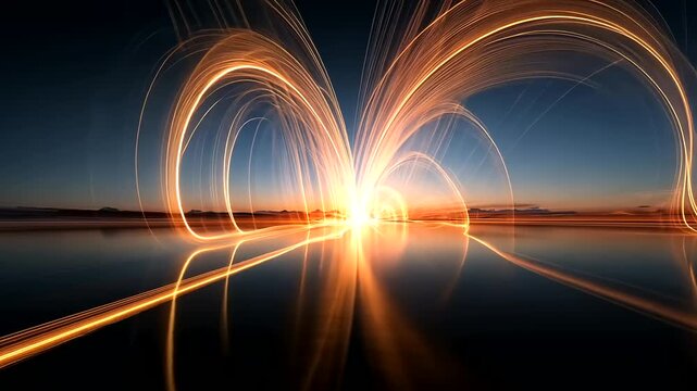 Abstract light streaks create radial patterns above a reflective surface