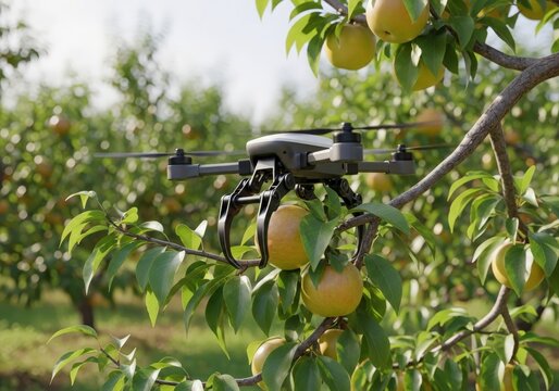 Drone inspecting ripe apples on a tree in an orchard for agricultural monitoring