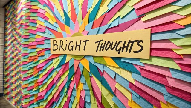 Vibrant Sticky Note Wall with Bright Thoughts Inspirational Message