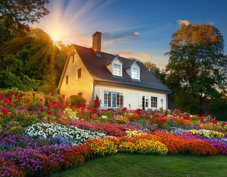 a well lit house surrounded by an array of vibrant flowers