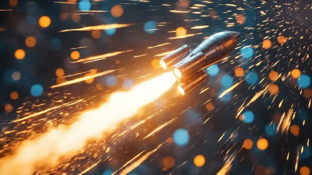 Rocket Ship Taking Off With Flames and Sparkles, Futuristic Design