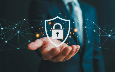 Digital security shield with padlock and network connection overlay