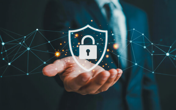 Digital security shield with padlock and network connection overlay - Powered by Adobe