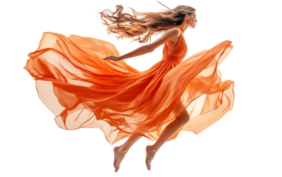 Fashion model captured mid jump wearing a flowy designer dress showcasing motion and elegance in vibrant style isolated on white background PNG