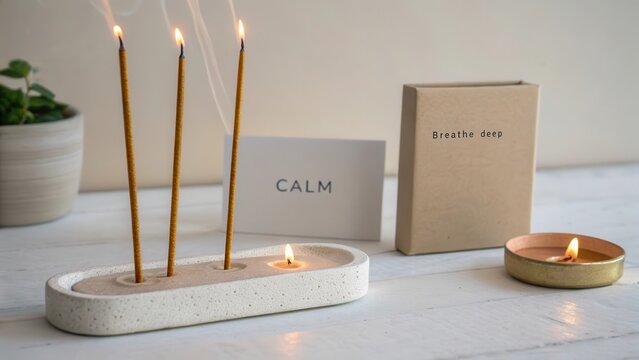 Tranquil setting with incense, candles, and motivational cards