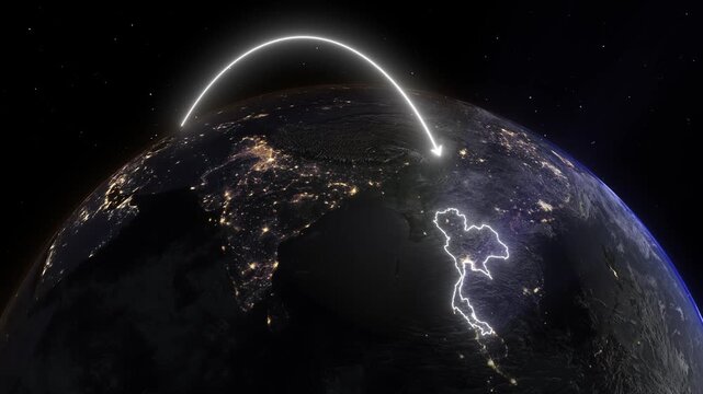 Realistic 3D Earth Night Flight Path Arc from Berlin Germany to Bangkok Thailand