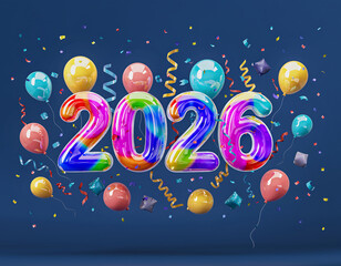 Vibrant, multicolored balloons and confetti celebrate the arrival of the year 2026 in a festive, celebratory display.