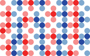 Seamless geometric pattern of red and blue striped circles forming a decorative cruciform or flower like motif on a clean white background.