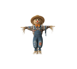 Rustic scarecrow wearing straw hat plaid shirt and denim overalls isolated transparent background