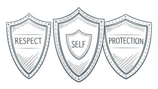 Three Decorative Shields Illustrating Respect, Self, and Protection