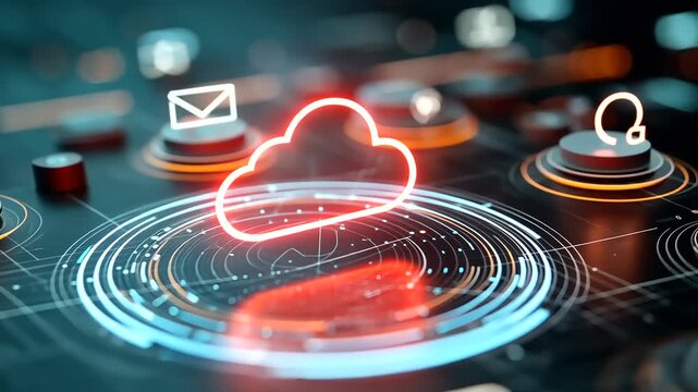 Abstract technology display with icons including a cloud in red outline