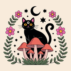 Black cartoon cat silhouette vector illustration with flowers and a cute butterfly