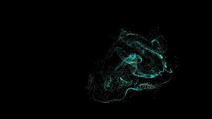 abstract digital art piece that depicts a swirling mass of glowing, blue-green particles against a black background. - Powered by Adobe
