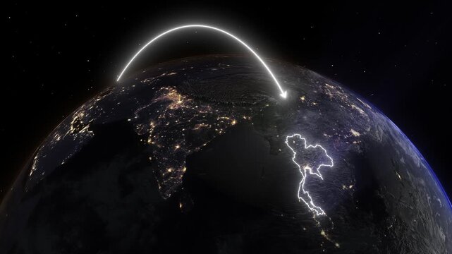 Realistic 3D Earth Night Flight Path Arc from Brussels Belgium to Bangkok Thailand