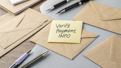 Verify Payment Information on Sticky Note with Envelopes and Pens