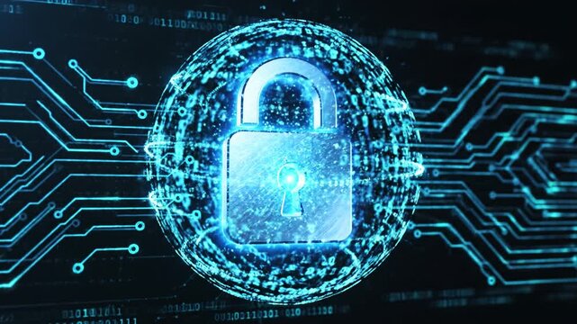 Digital security concept showcases glowing padlock symbol amidst binary code and circuit patterns, emphasizing technology, data protection, encryption, and internet safety