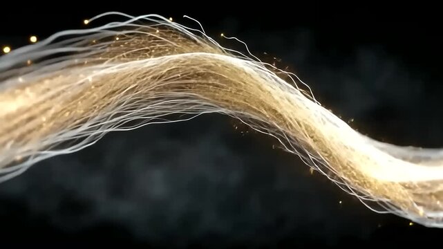 Wavy golden fiber optic cable with light sparkles against dark background