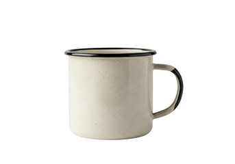 Classic white enamel camping mug with black rim isolated on transparent background
