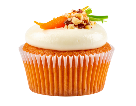 Raw Carrot Cupcake with Frosting and Grated Carrot Garnish, Angled Side View, isolated