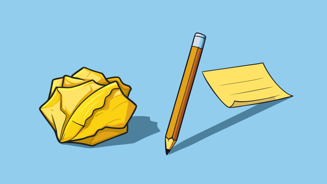A pencil beside crumpled yellow notes on a blue surface