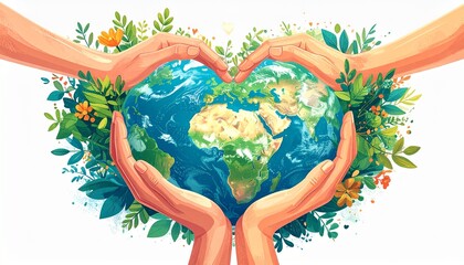 Diverse Hands Forming a Heart Around Earth Globe with Leaves. World Kindness Day, Global Unity, Empathy, and Environmental Care