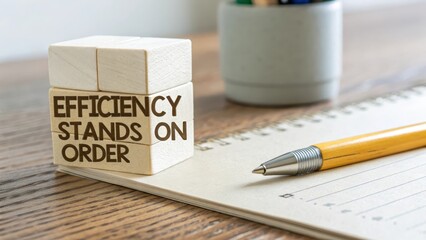 Wooden Blocks with Text on Table Next to Notebook and Pen
