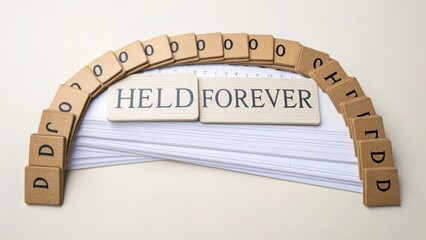 Wooden Letter Tiles Forming the Phrase Held Forever on Background