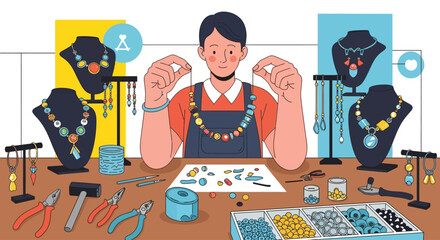 Creative artisan crafting vibrant handmade jewelry with colorful beads and tools in a bright, inspiring studio workspace