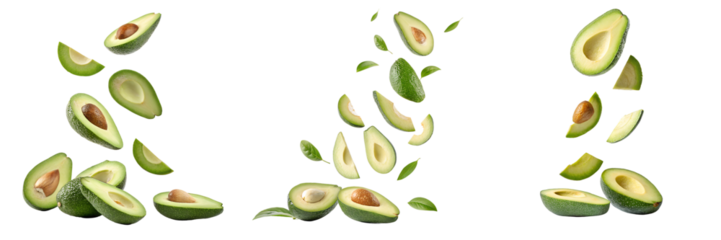  Set of Falling avocado slices isolated on a transparent background