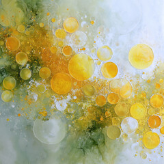 Abstract macro liquid art with green and yellow oil bubbles, white paint texture and golden glitter, artistic fluid background, modern minimalist pattern, organic trendy design, vibrant colors

