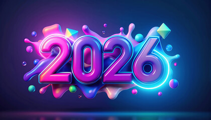 Vibrant, glowing "2026" numerals rendered in a fluid, splash-like artistic style with colorful geometric shapes and a neon glow against a dark, reflective background.