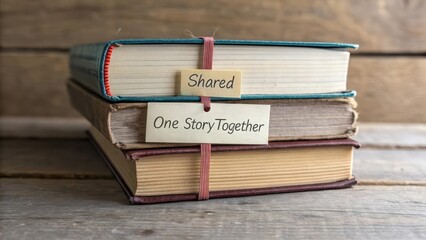 Fototapeta premium Three Stacked Books with Labels on a Wooden Background