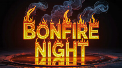 Bonfire night text art with flames and smoke effect on dark background